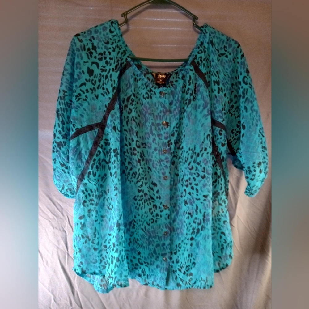 Rock 47 Leopard Print Sheer Blouse - Teal